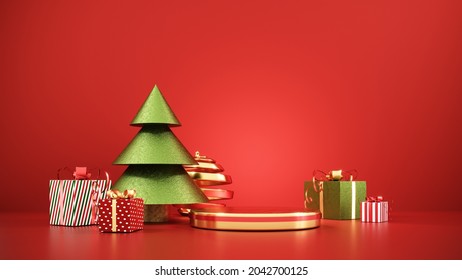 Christmas background with gold platform, toys. New Year greeting card, poster, banner with red gift boxes, presents - 3D, render. Showcase, podium, pedestal for products, shop windows and magazines.  - Powered by Shutterstock