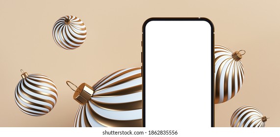 Christmas background for mobile application concept. Mobile phone frame with golden stripe bauble on champagne color background. 3d rendering illustration. Clipping path of each element included.