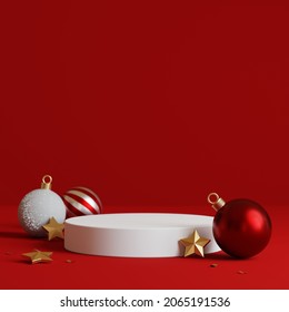 Christmas background with podium for product display. 3d rendering. Red background.  - Powered by Shutterstock