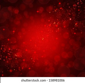 Christmas Background. Red Holiday Abstract Defocused Backdrop With Snowflakes And Stars. Blurred Bokeh