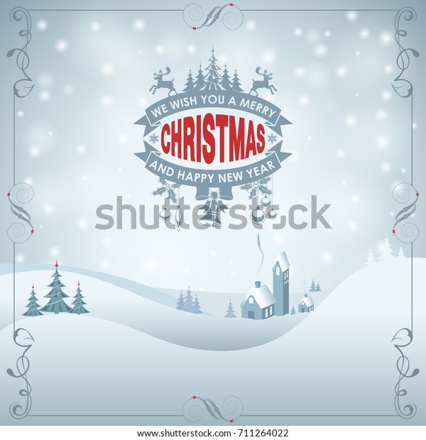 Christmas background with Retro\
Frame, Label, Tree and House. Template for Cover, Flyer,\
Brochure.