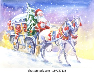 Christmas Background With Santa Claus In A Carriage  And  Horses. Watercolor Painting.