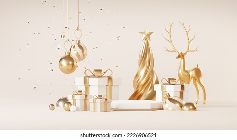 Christmas backgrounds with podium stage platform in minimal New year event theme. Merry Christmas scene for product display mock up banner. Empty stand pedestal decor in Xmas winter scene. 3D render. - Powered by Shutterstock