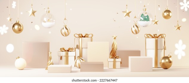 Christmas backgrounds with podium stage platform in minimal New year event theme. Merry Christmas scene for product display mock up banner. Empty stand pedestal decor in Xmas winter scene. 3D render. - Powered by Shutterstock