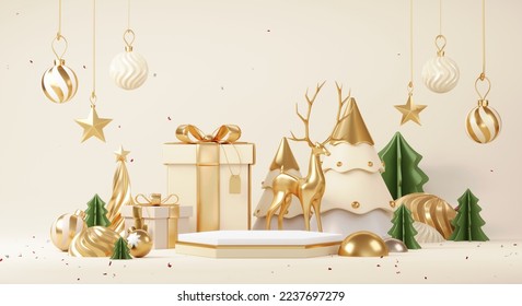 Christmas backgrounds with podium stage platform in minimal New year event theme. Merry Christmas scene for product display mock up banner. Empty stand pedestal decor in Xmas winter scene. 3D render. - Powered by Shutterstock