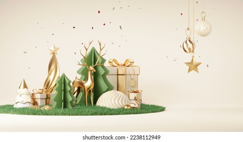 Christmas backgrounds with podium stage platform in minimal New year event theme. Merry Christmas scene for product display mock up banner. Empty stand pedestal decor in Xmas winter scene. 3D render. - Powered by Shutterstock