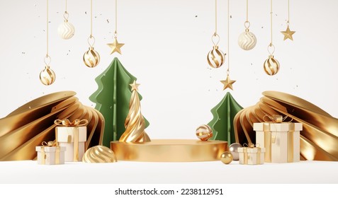 Christmas backgrounds with podium stage platform in minimal New year event theme. Merry Christmas scene for product display mock up banner. Empty stand pedestal decor in Xmas winter scene. 3D render. - Powered by Shutterstock