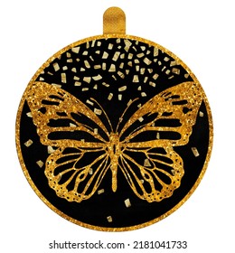 Christmas ball with butterfly. Black and gold background. Holiday illustration.