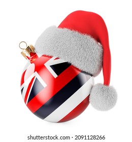 Christmas Ball With Hawaiian Flag And Santa Claus Hat. Christmas And New Year In Hawaii, Concept. 3D Rendering Isolated On White Background