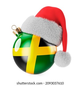 Christmas ball with Jamaican flag and Santa Claus hat. Christmas and New Year in Jamaica, concept. 3D rendering isolated on white background