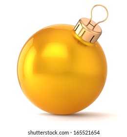 Christmas Ball New Years Eve Bauble Decoration Gold Yellow Golden Wintertime Ornament Icon Traditional. Shiny Merry Xmas Winter Holidays Symbol Classic Blank. 3d Render Isolated On White Background