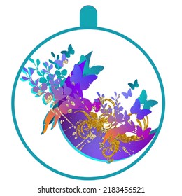 Christmas ball, wedding template, birthday card. Paper cut, laser cut. Butterflies, moon and flowers background. Golden texture.