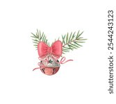 Christmas bell decorated with a bow and fir branches isolated on a white background. Watercolor illustration of festive bells, New Year