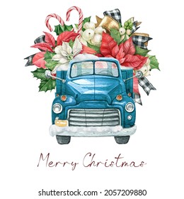 Christmas Blue Truck With Poinsettia Flower Bouquet, Holly Leaves,candy Cane, Stripped Bow Ribbon. Farmhouse Vintage Car,Winter Rustic Truck,Watercolor Xmas Truck,pickup Truck 