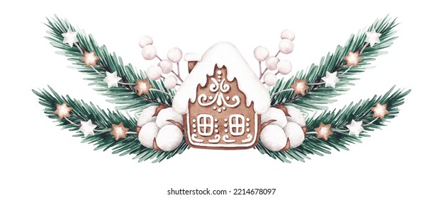 Christmas Border Hand Drawn By Watercolor. For Designing Greeting Card, Invitation, Print. Christmas Greenery, Gingerbread House, Cotton. Isolated On A White Background. Festive Christmas Design