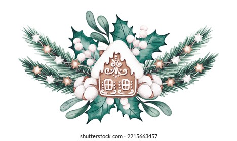 Christmas Border Hand Drawn By Watercolor. For Designing Greeting Card, Invitation, Print. Christmas Greenery, Gingerbread House, Cotton. Isolated On A White Background. Festive Christmas Design