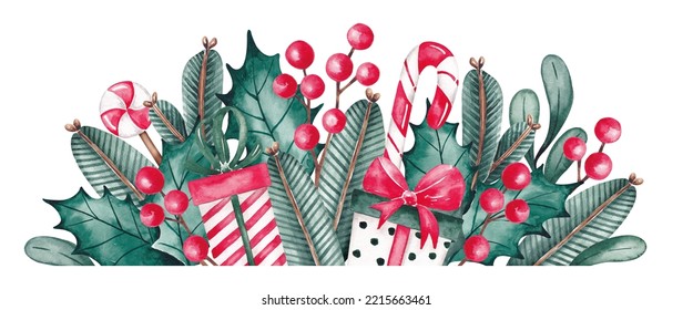 Christmas Border Hand Drawn By Watercolor. For Designing Greeting Card, Invitation, Print. Christmas Greenery, Presents, Berries, Candy Cane. Isolated On A White Background. Festive Christmas Design