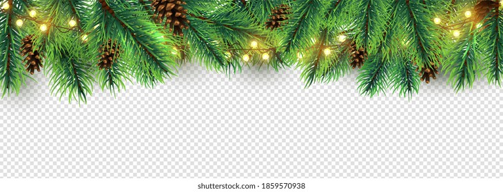 Christmas border. Holiday garland isolated on background. Christmas tree branches, lights and cones. Festive banner design - Powered by Shutterstock