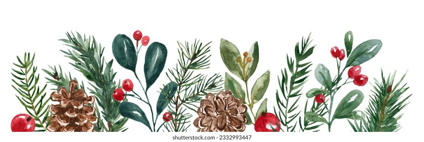 Christmas border made of winter greenery, plants, berries, and pine cones. Watercolor botanical frame. Holiday floral design. - Powered by Shutterstock