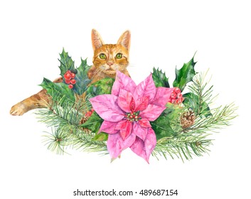 Christmas Bouquet With Red Cat, Garland Of Plants: Pine Branches And Cones, Holly Berry And Poinsettia Flower On White Background, Hand Draw Watercolor Painting, Botanical Illustration, Vintage