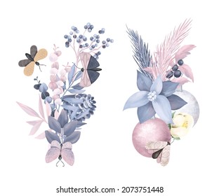 Christmas bouquets of poinsettia, moths, eucalyptus and winter plants and decorations, isolated illustration on white background