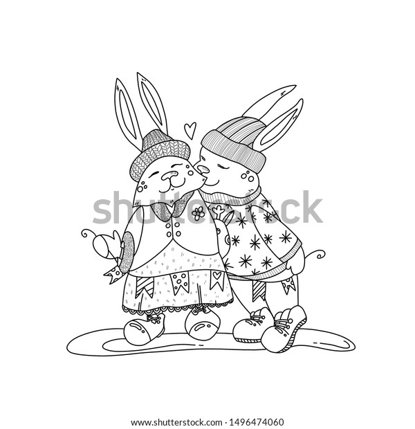 christmas bunnies coloring page illustration hand stock