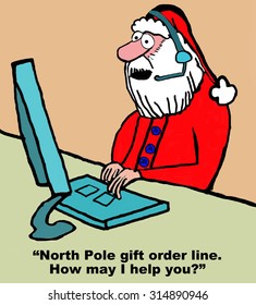 Christmas And Business Cartoon Showing Santa Claus As A Customer Service Rep.  He Answers The Phone And Says, 