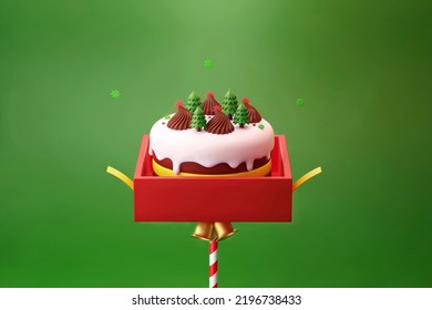 Christmas Cake Pop In The Red Gift Box Element And Gold Bell With Green Background 3d Illustration  For Advertisement 