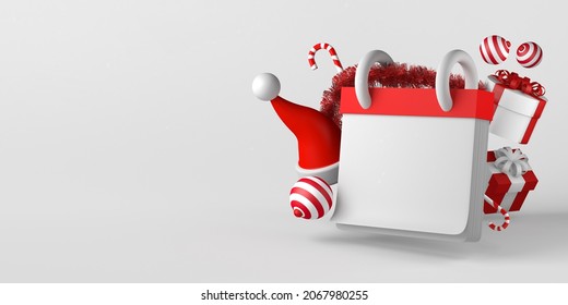 Christmas Calendar Mockup With Tinsel And Santa Claus Hat. Copy Space. 3D Illustration.