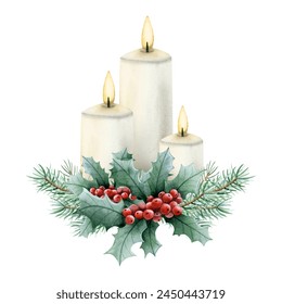 Christmas candles with red holly berries and green fir branches watercolor isolated illustration for New Year holiday greeting cards in vintage style and colors - Powered by Shutterstock