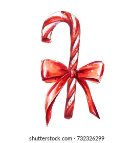 Christmas Candy Cane With Red Bow Isolated On White Background, Hand Drawn Illustration In Sketch Style