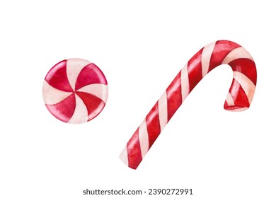 Christmas candy canes and lollipops collection on white, watercolor illustration. Hand drawn Isolated clipart for winter Christmas holidays design, New Year compositions. Realistic botanical elements - Powered by Shutterstock