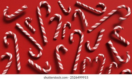 Christmas candy canes. Top view Christmas composition. Candy canes arranged in rows on red background. SSTKChristmas - Powered by Shutterstock