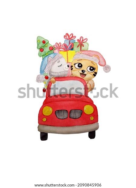Christmas car, cat and\
tiger
