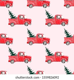 Christmas car and pine tree seamless pattern  Simple   festive holiday repeat print and watercolor red vintage truck   fir tree warm pink background 
