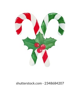 Caña de caramelo de Navidad con hojas verdes y bayas grises. Dulces festivos dibujados a mano con acuarelas. Para el diseño festivo, la poligrafía, etc.