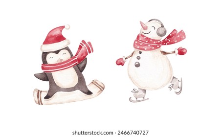 Christmas card design. Isolated on white. Cute childish characters. Hand drawn watercolor penguin, snowman. Funny Xmas characters clip art. Christmas stickers set  - Powered by Shutterstock