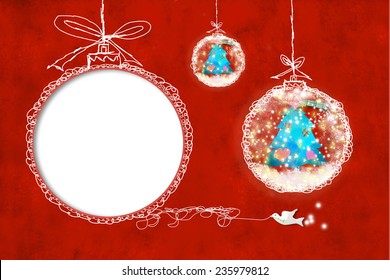 Christmas Card With Empty Picture Frame And Blank Space To Write Text With Children's Ornaments