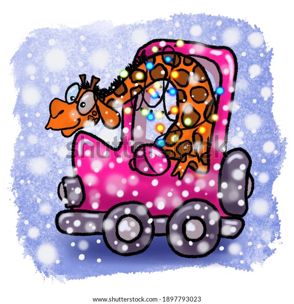 Christmas card. Giraffe with\
glasses, wrapped in a garland, rides in a pink car under a\
snowfall