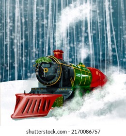 Christmas card. A Christmas locomotive against the backdrop of a winter forest. Watercolor illustration