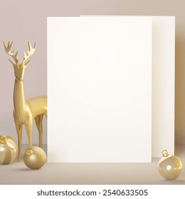 Christmas card mock up. Blank greeting cards with cute golden reindeer and ornaments decor. Template with copy space for text. Season greetings template. New years eve celebration concept. 3D render - Powered by Shutterstock