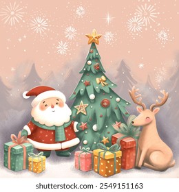 Tarjeta de Navidad. Papá Noel, regalos, árbol de Navidad y renos