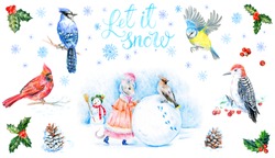 Christmas Card Set. Woodpecker Bird On A Snowy Branch In The Winter Forest. Red Cardinal, Blue Jay And Tit Bird. Isolated On A White Background. The Mouse Sculpts A Snowman. Let It Snow Lettering.