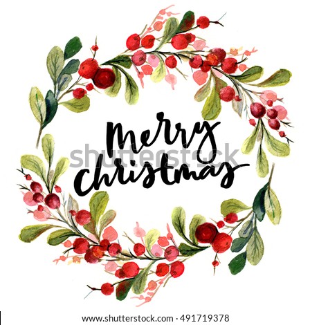 Christmas Card Watercolor Painting With Hand Lettering Berry Wreath For Christmas Watercolor Christmas Card Watercolor Painting With Hand Lettering Berry Wreath For Christmas Watercolor