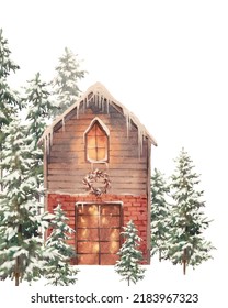 Christmas Card With Winter House. Cartoon Watercolor Illustration Isolated On White Background. Holiday Time Artwork