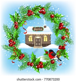 Christmas Card With Wreath, Brick House And Santa's Workshop. New Year Design Postcard.