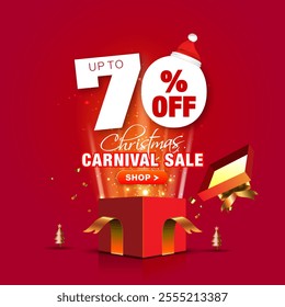 Christmas Carnival Sale, offer, deals, discount pop-up from gift box. Promotional advertisement Post design. - Powered by Shutterstock