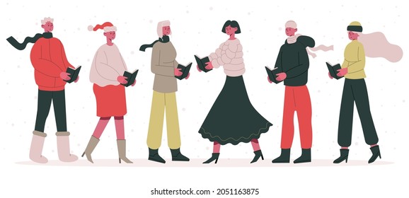 Christmas Carol Choir. Male And Female Christmas Singing Characters, Xmas Street Carol Singers Cartoon  Illustration. Holiday Christmas Choir. Christmas Female Song, Celebration Cartoon Choir