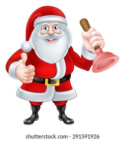 A Christmas cartoon illustration of Santa Claus holding a plunger and giving a thumbs up