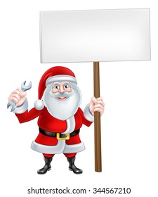 A Christmas cartoon illustration of Santa Claus holding a spanner wrench tool and blank sign